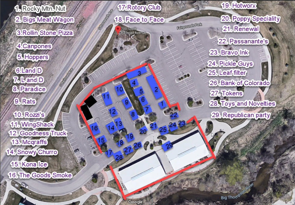 2022 Loveland Loves BBQ, Bands & Brews Vendor Map, July 8th & 9th, Old Fairgrounds Park, Loveland Colorado